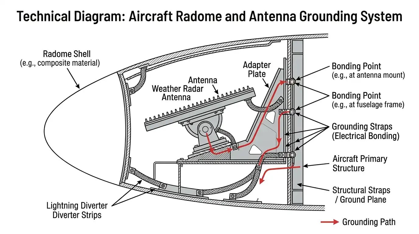 Diagram of aircraft radome showing antenna, adapter plate, bonding points, and grounding path.